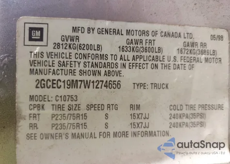 1998 Chevrolet C1500 Fleetside из США, поврежденный, VIN 2GCEC19M7W1274656